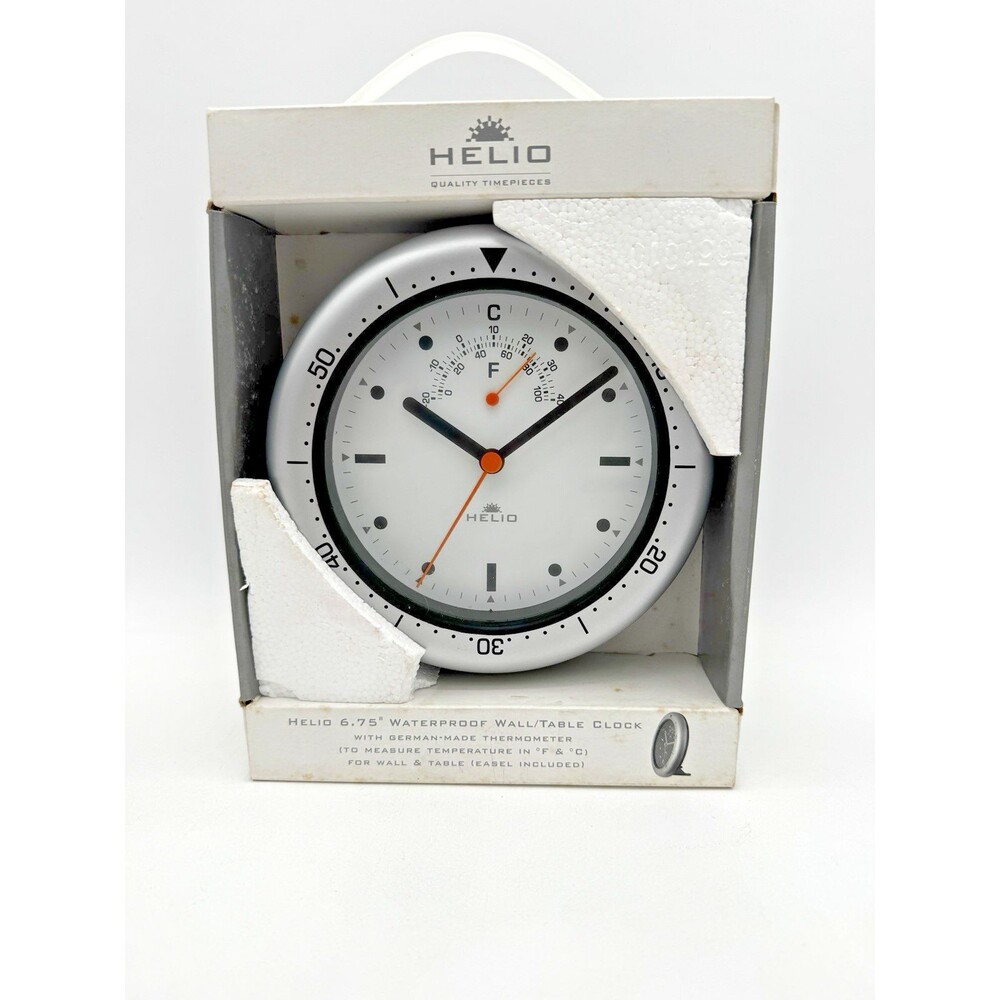 Helio Wall Clock with Thermometer Indoor Outdoor Quartz Analog Silver - NEW